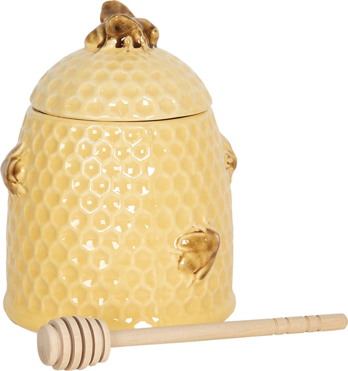 Clayre & Eef Honingpot Met Lepel Ø 11x14 Cm Geel Keramiek Rond Bijen Voorraadpot Deksel Bewaarpot Opbergpot - Afbeelding 2
