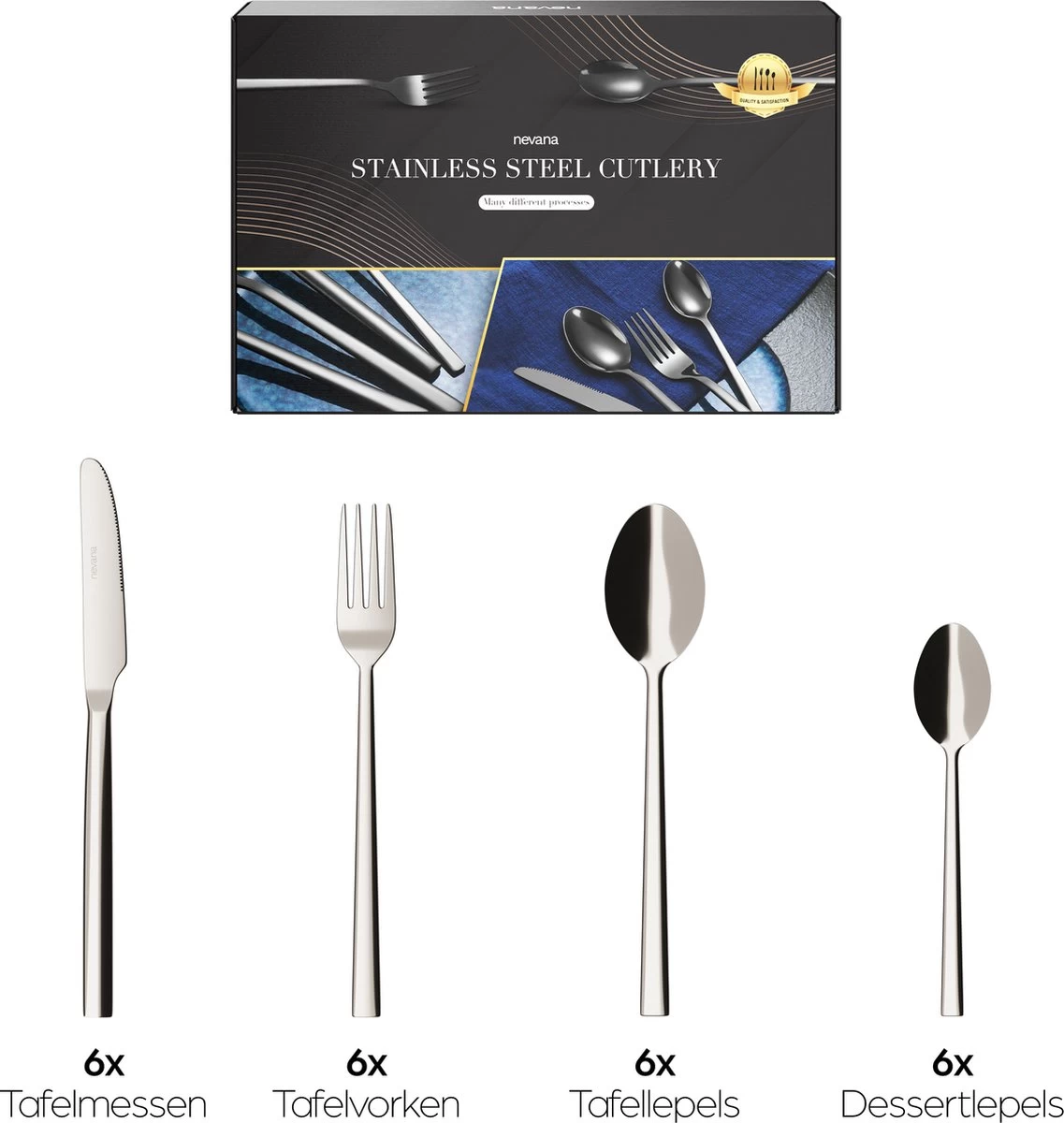 Nevana Bestekset - 24 Delig - 18/10 Edelstaal - Bestek - Lepels, Messen, Vorken - Afbeelding 5