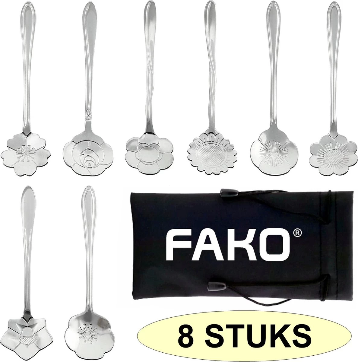 Fako Bijoux® - Bloemen Lepels Set - Theelepel / Koffielepel - 12cm - Zilver - 8 Stuks - Afbeelding 5