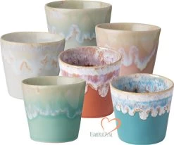 Costa Nova - Grespresso Servies - 6 Espresso Kopjes - Roze-Grijs-Azur-Red-Wit -Turquoise - Aardewerk - H 5.9 Cm