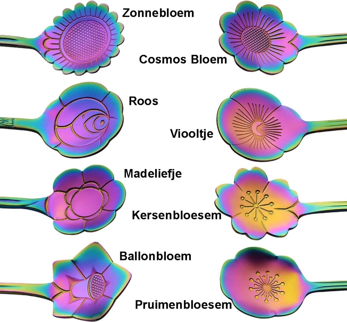 Fako Bijoux® - Bloemen Lepels Set - Theelepel / Koffielepel - 12cm - Regenboog - 8 Stuks - Afbeelding 3