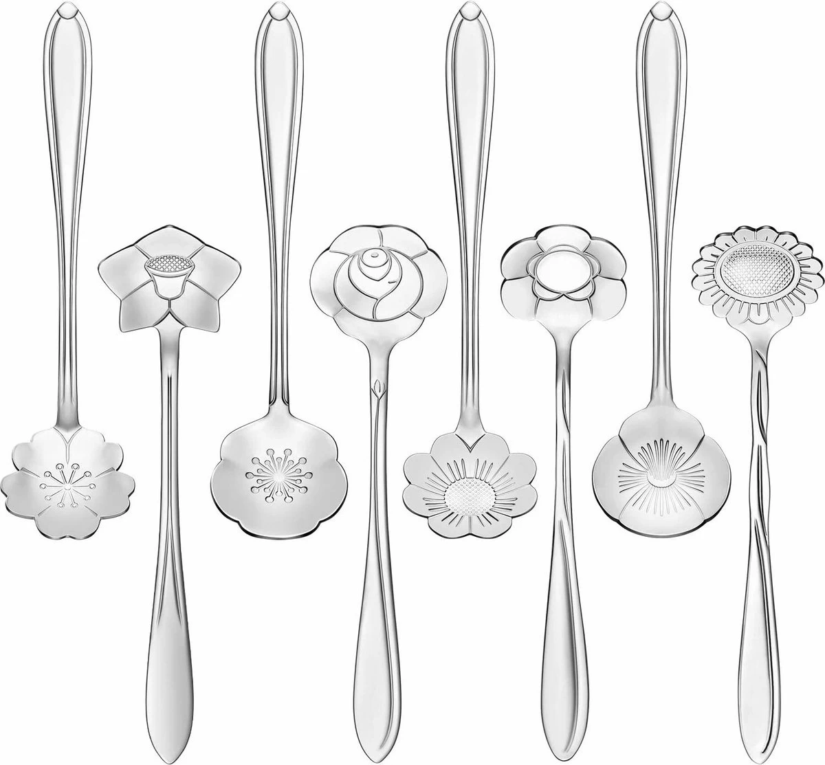 Fako Bijoux® - Bloemen Lepels Set - Theelepel / Koffielepel - 12cm - Zilver - 8 Stuks