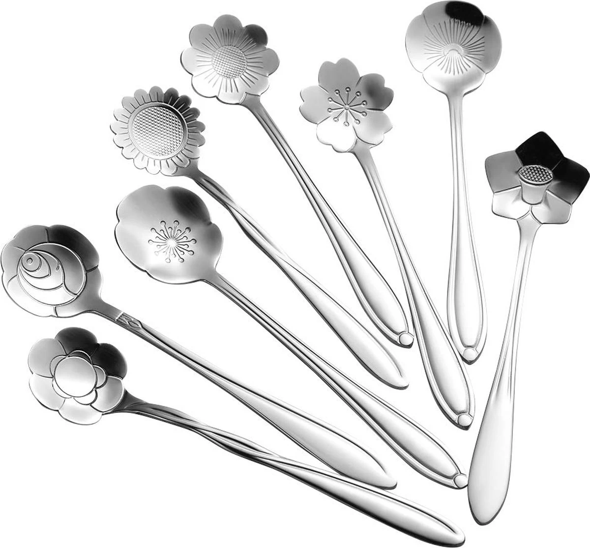 Fako Bijoux® - Bloemen Lepels Set - Theelepel / Koffielepel - 12cm - Zilver - 8 Stuks - Afbeelding 6