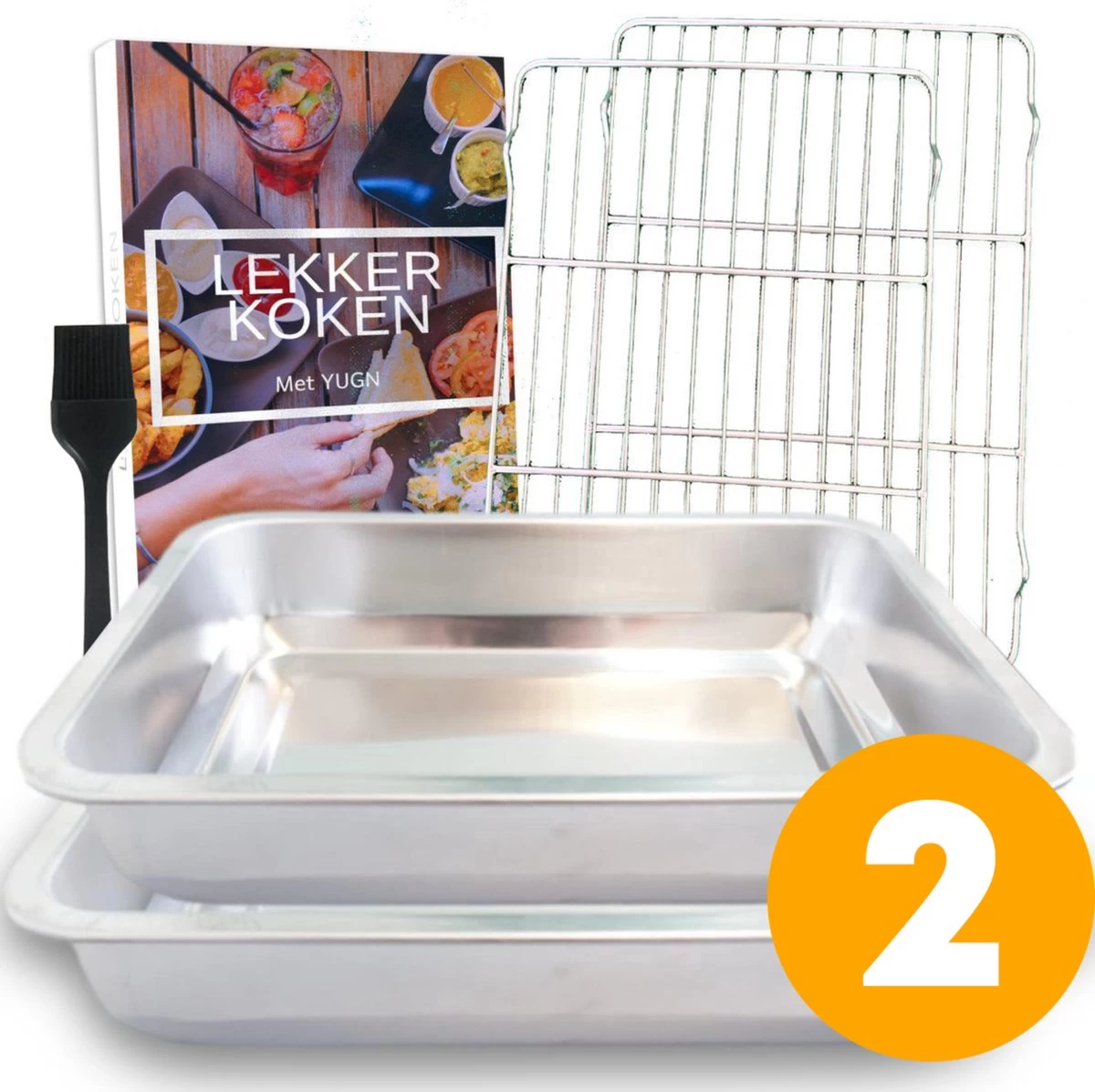 YUGN COMBI Set Braadslede Ovenschaal Combi Braadslee Oven Set - 2x Braadslede Met Rooster Voor Ovengerechten - 36x27x7CM En 40x30x7CM En Inclusief Bakkwast - Cadeau- Cadeautip