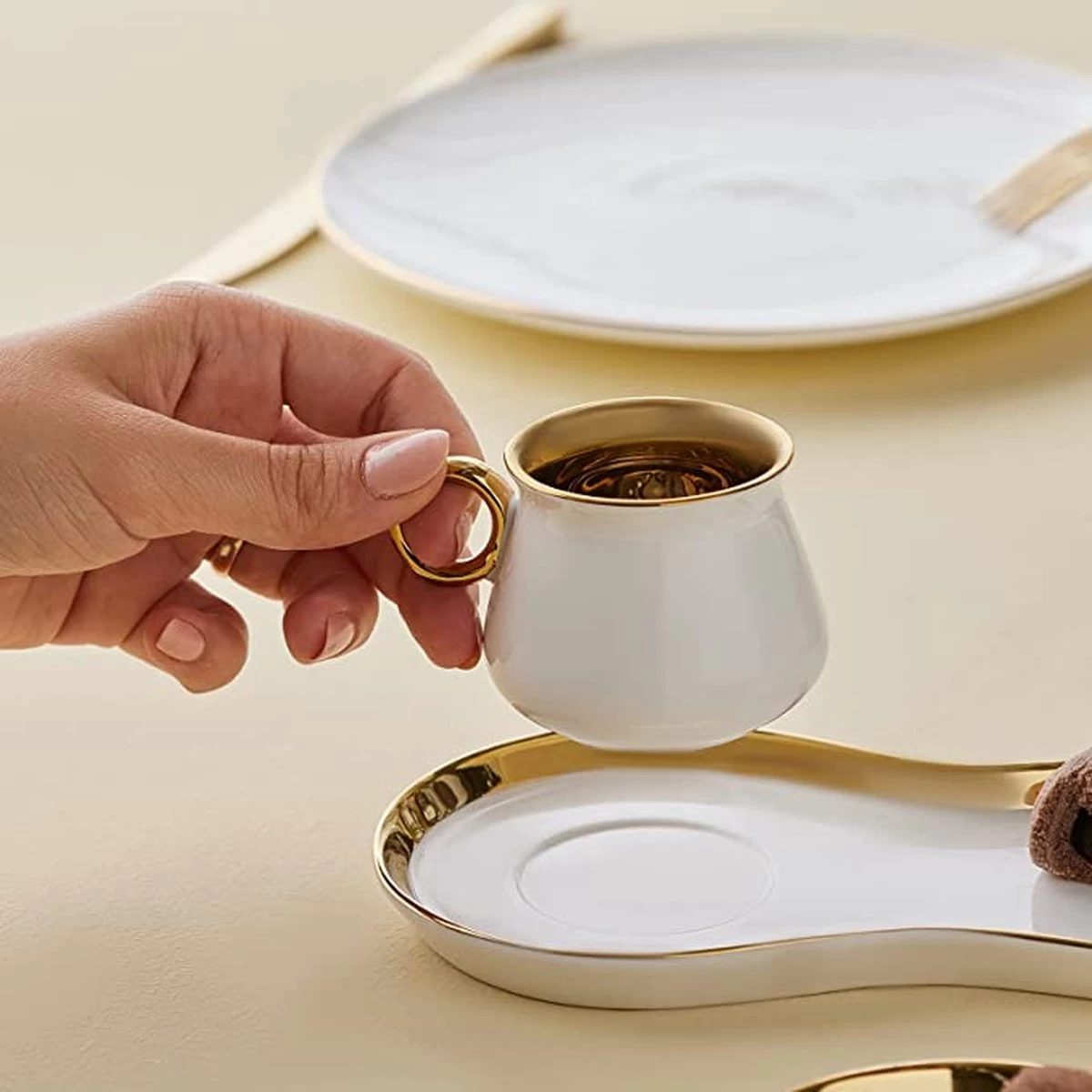 Karaca -Delon- Set Van 2 Koffiekopset-voor Twee Personen-Turkse Koffie-espresso-wit-gold-porselein- - Afbeelding 2