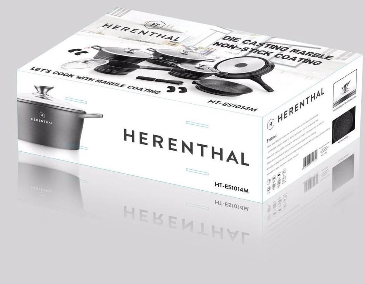 Herenthal Luxe Pannenset - 14-delig - Glazen Deksel - Inductie - Marmeren Coating - PFAS-vrij - Zwart - ES1014M - Afbeelding 4