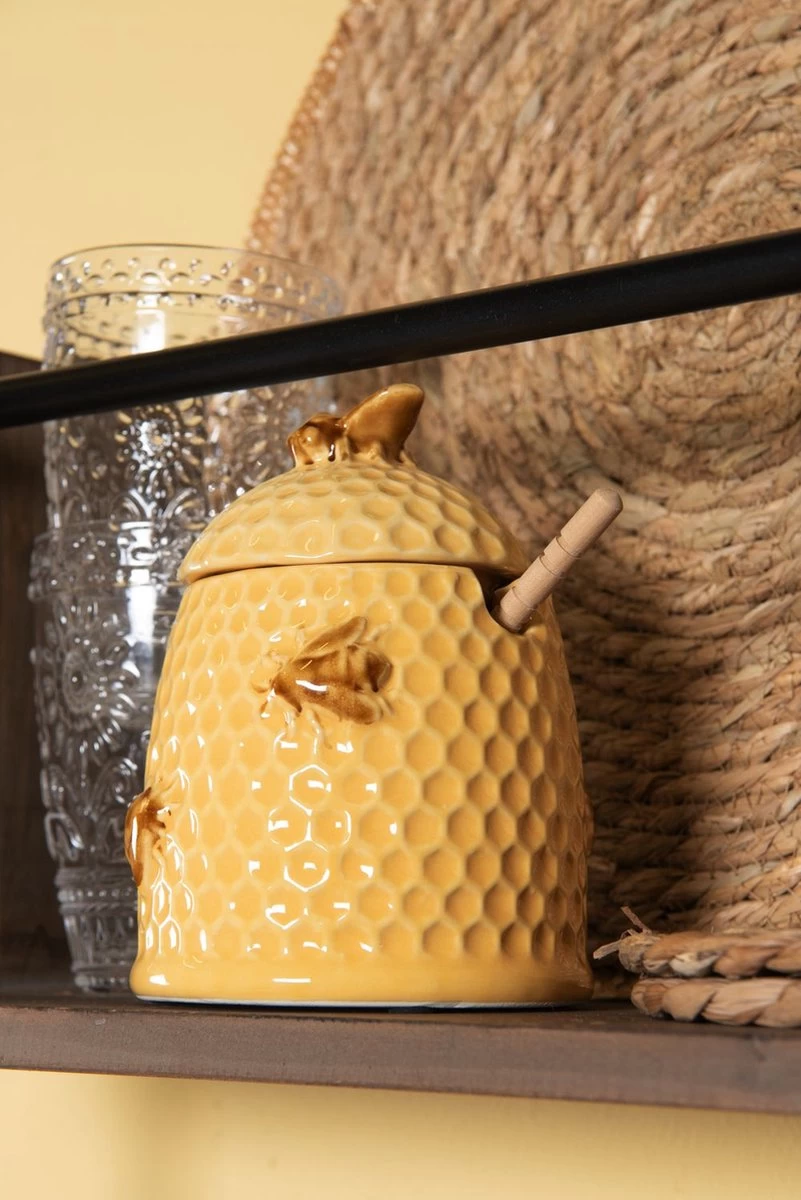 Clayre & Eef Honingpot Met Lepel Ø 11x14 Cm Geel Keramiek Rond Bijen Voorraadpot Deksel Bewaarpot Opbergpot - Afbeelding 3