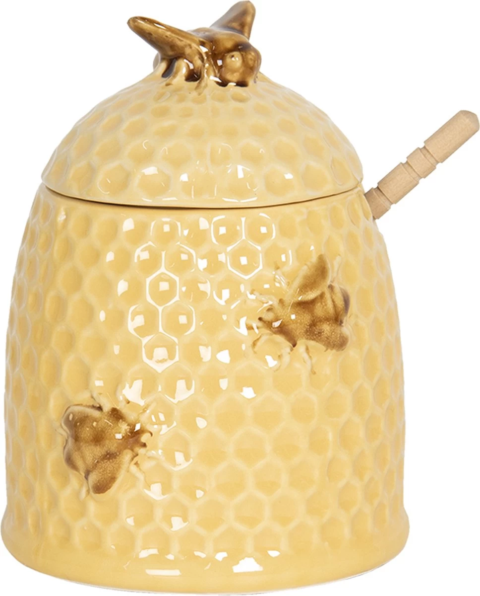 Clayre & Eef Honingpot Met Lepel Ø 11x14 Cm Geel Keramiek Rond Bijen Voorraadpot Deksel Bewaarpot Opbergpot
